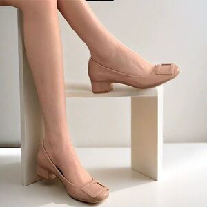 nude Low Platform High Chunky Heeled Slip On Closed Round Toe Pump